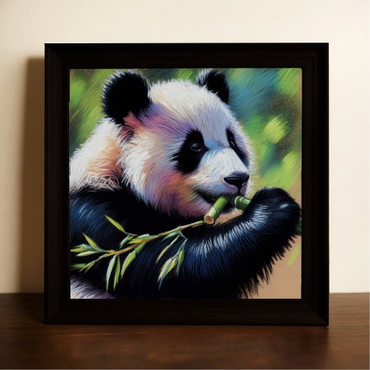 Poster Dessin pastel de l'ours de Panda mangeant du bambo