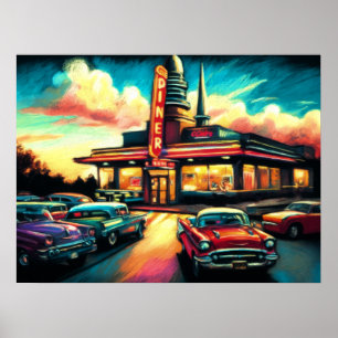 Poster Dessin Pastel Diner Vintage et voitures