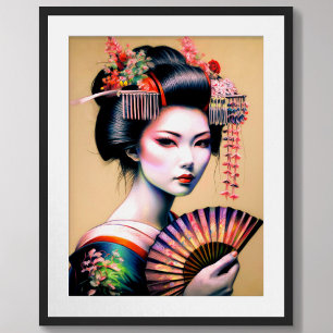 Poster Dessin Pastel Geisha Kimono Fan