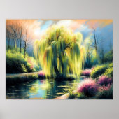 Poster Dessin Pastel Jardin Étang Plein Arbre (Devant)