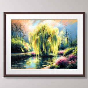 Poster Dessin Pastel Jardin Étang Plein Arbre