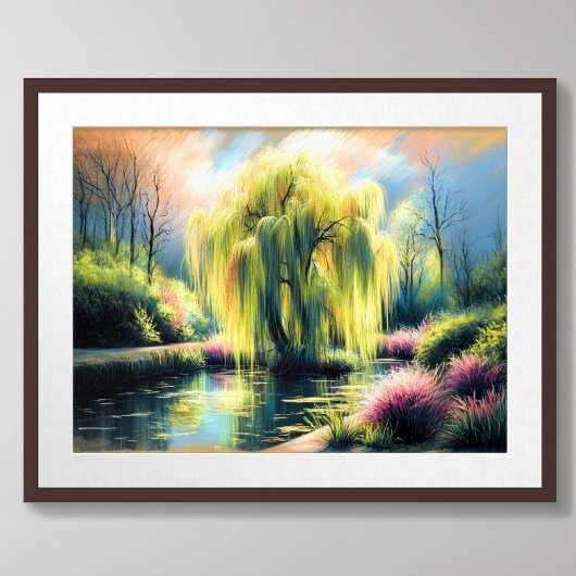 Poster Dessin Pastel Jardin Étang Plein Arbre