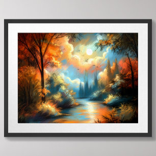 Poster Dessin Pastel Paysage coloré Rivières Arbres Ciel