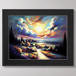Poster Dessin pastel paysage nocturne coloré