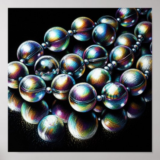 Poster Dessin pastel Perles Iridescentes sur noir (Devant)