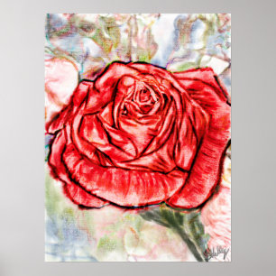 Poster Dessin Rose rouge