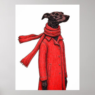 Poster Dessin stylisé de Greyhound avec manteau vintage r