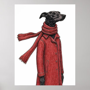 Poster Dessin stylisé de Greyhound avec manteau vintage r