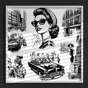 Poster Dessin vintage Fille de mode