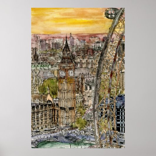 Poster Destinations | Aquarelle Big Ben & London Eye (Devant)