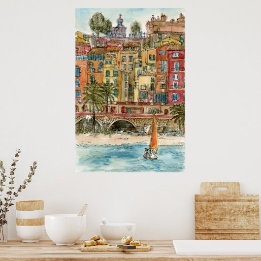 Poster Destinations | Watercolor Beach & Bâtiments (Cuisine)