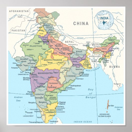 Poster Detailed Map of India (Devant)