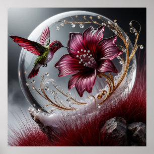 Poster Détails de colibri et floraux avec accents de gemm