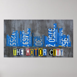Poster Detroit Le Moteur City Skyline License Plate Art