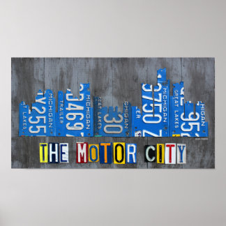 Poster Detroit Le Moteur City Skyline License Plate Art