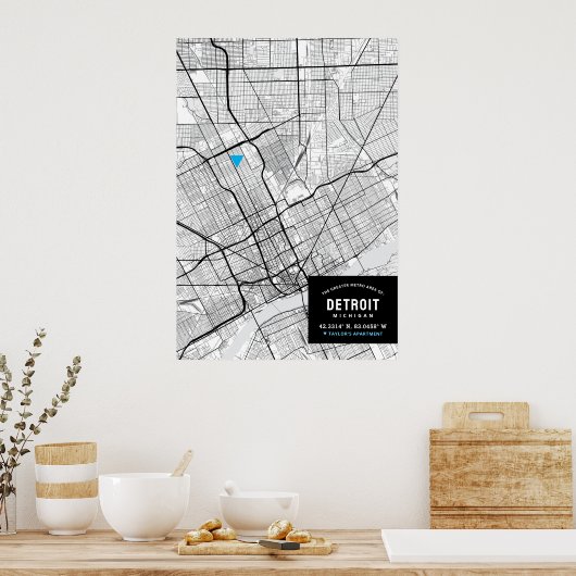 Poster Detroit, Michigan City Map + Marquer Votre Emplace (Cuisine)