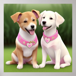 Poster Deux adorables chiots assis sur de l'herbe