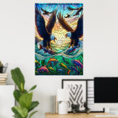Poster Deux aigles à tête blanche qui capturent du poisso (Bureau à domicile)