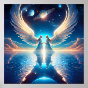 Poster Deux anges debout sur l'eau avec les ailes déployé