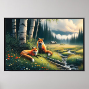 Poster Deux beaux renards roux se reposant