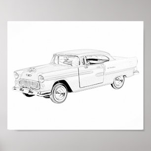 Poster Deux Bel Air 1955 noir et blanc de Chevy de ton