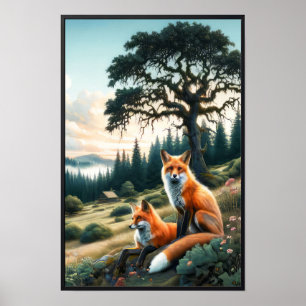 Poster Deux Belles aquarelles Red Foxes Repose