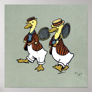 Poster Deux canards avec vestes rayées et raquettes de te