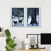 Poster Deux cerfs dans la fenêtre d'hiver avec une affich (Bureau à domicile)