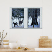 Poster Deux cerfs dans la fenêtre d'hiver avec une affich (Cuisine)