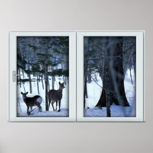 Poster Deux cerfs dans la fenêtre d'hiver avec une affich