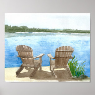 Poster Deux chaises de plage au bord du lac, aquarelle
