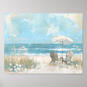 Poster deux chaises en bois et un parasol sur une plage