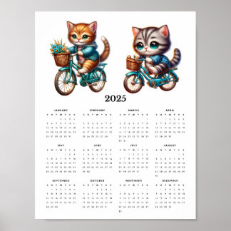 Poster Deux chats à cheval bicyclettes 2025 Calendrier mu
