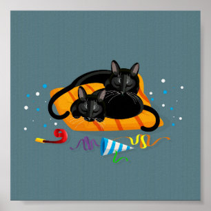 Poster Deux chats noirs géométriques dorment après la fêt