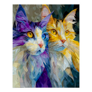 Poster Deux chats violets et jaunes