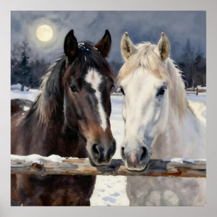 Poster Deux chevaux dans une ferme enneigée sous la lune