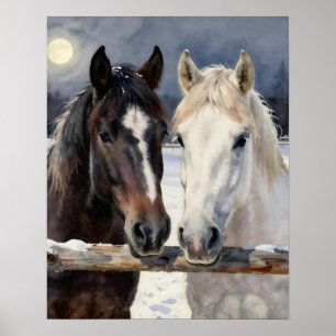 Poster Deux chevaux dans une ferme enneigée sous la lune