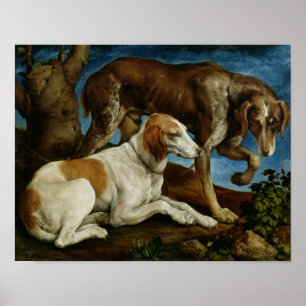 Poster Deux chiens de chasse liés à une souche d'arbre, c