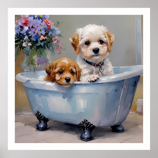 Poster Deux Chiens peint dans une baignoire (Devant)