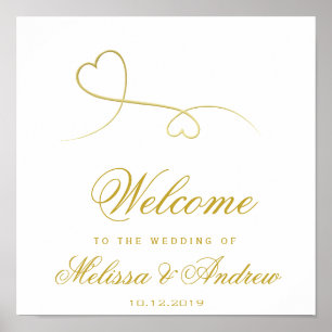Poster Deux Coeurs Or Élégants Bienvenue Mariage