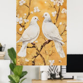 Poster deux colombes blanches perchées sur une branche (Bureau à domicile)
