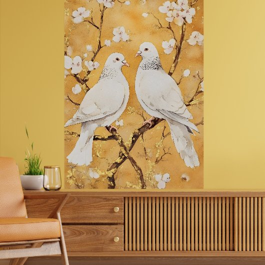 Poster deux colombes blanches perchées sur une branche (Salon 2)