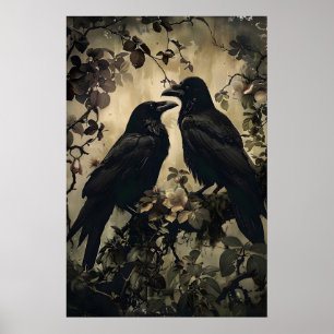 Poster Deux corbeaux dans une forêt florale morose imprim