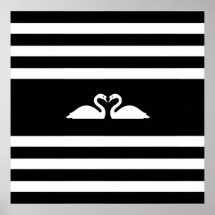 Poster Deux cygnes élégants modernes sur fond rayé noir e