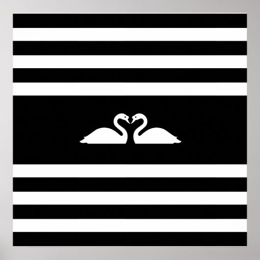 Poster Deux cygnes élégants modernes sur rayures noir & b (Devant)