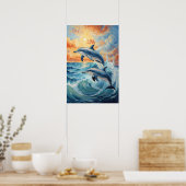 Poster Deux dauphins de saut artistique Coucher de soleil (Cuisine)