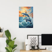 Poster Deux dauphins de saut artistique Coucher de soleil (Bureau à domicile)