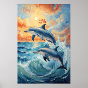 Poster Deux dauphins de saut artistique Coucher de soleil