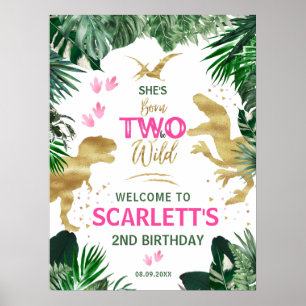 Poster Deux dinosaures roses sauvages2e fête d'anniversai
