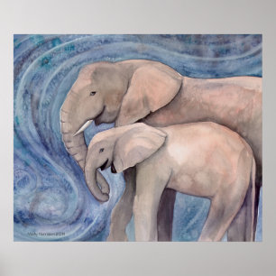 Poster Deux éléphants Peinture d'aquarelle faunique